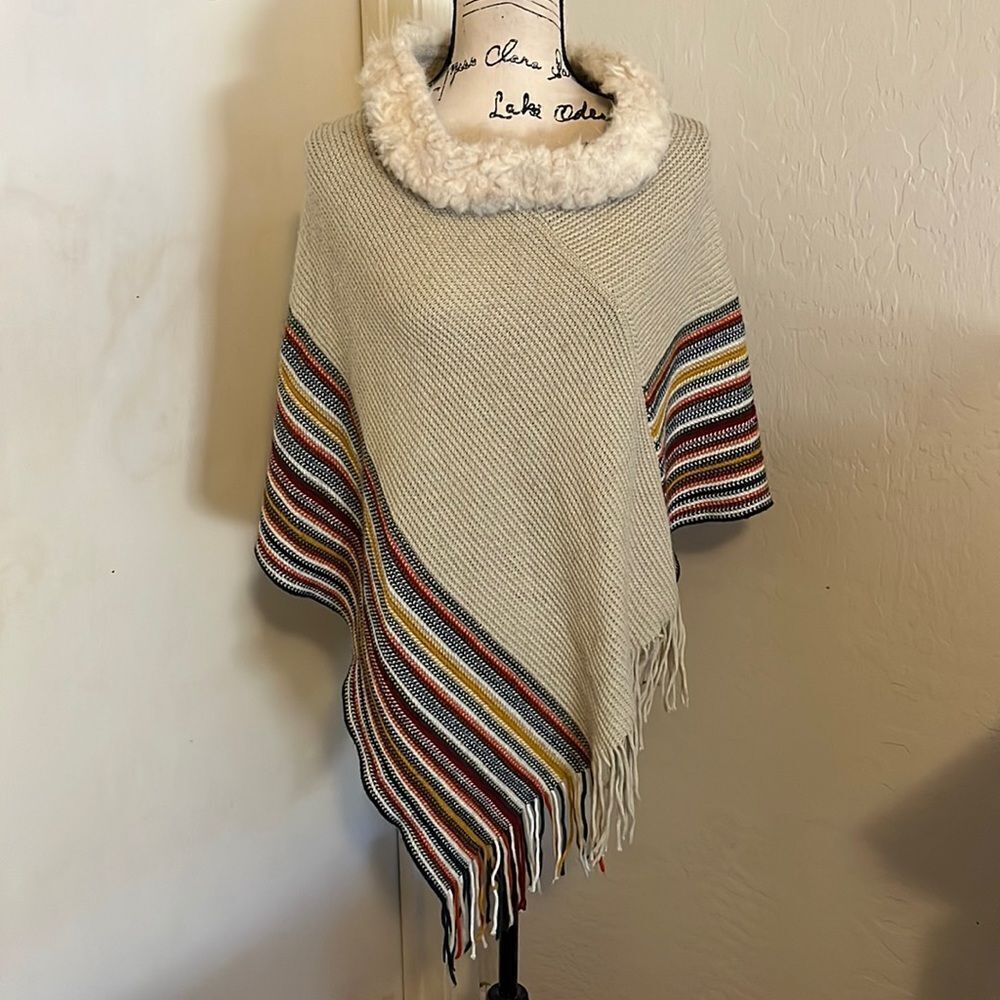 Northern Angel Multi Color Faux Fur Collar Knit Fringe Poncho